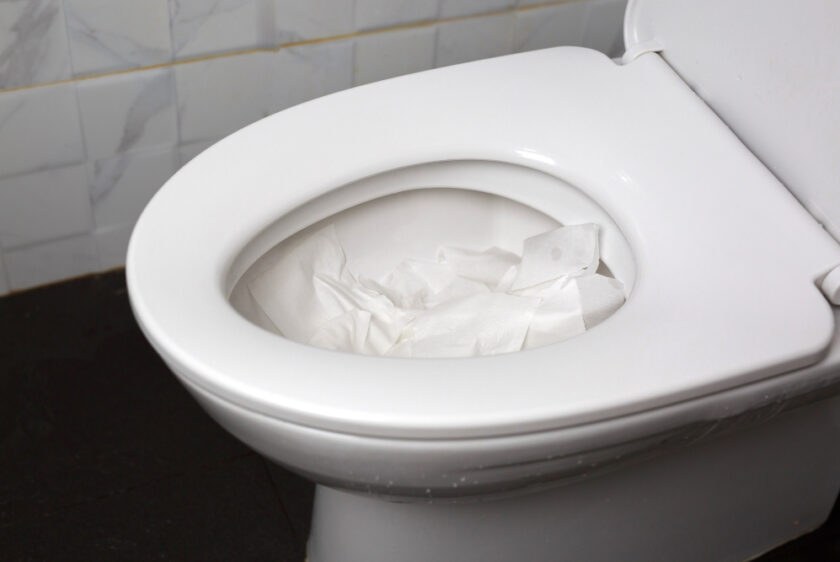 wc bouché par du papier et lingettes de bébé