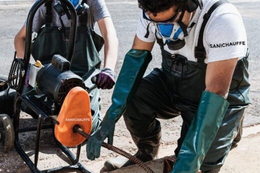 Deux techniciens curant un égout à la machine