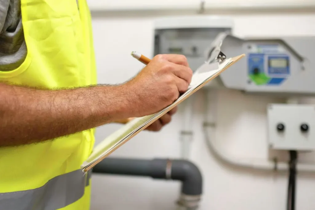 Technicien complétant l'attestation d'entretien de la chaudière