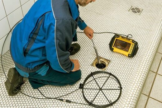 Plombier inspectant l'évacuation d'une douche à la caméra