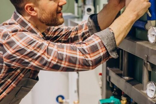 Technicien réglant une installation de chauffage
