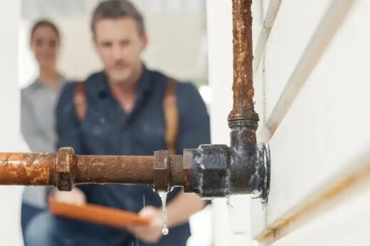 Conduite rouillée qui fuit le long d'un mur
