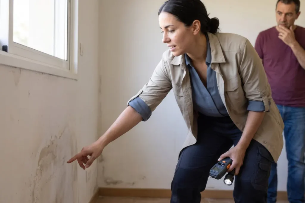 Technicienne repérant une zone humide au bas d'un mur
