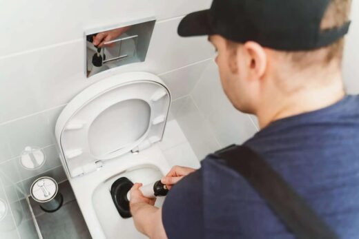 Plombier débouchant un WC suspendu à la ventouse